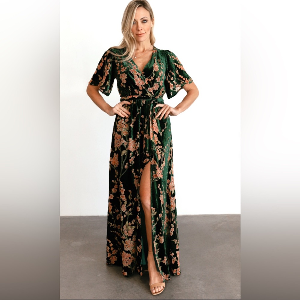 Baltic Born Uma Green Velvet Wrap Tie Front Maxi Dress